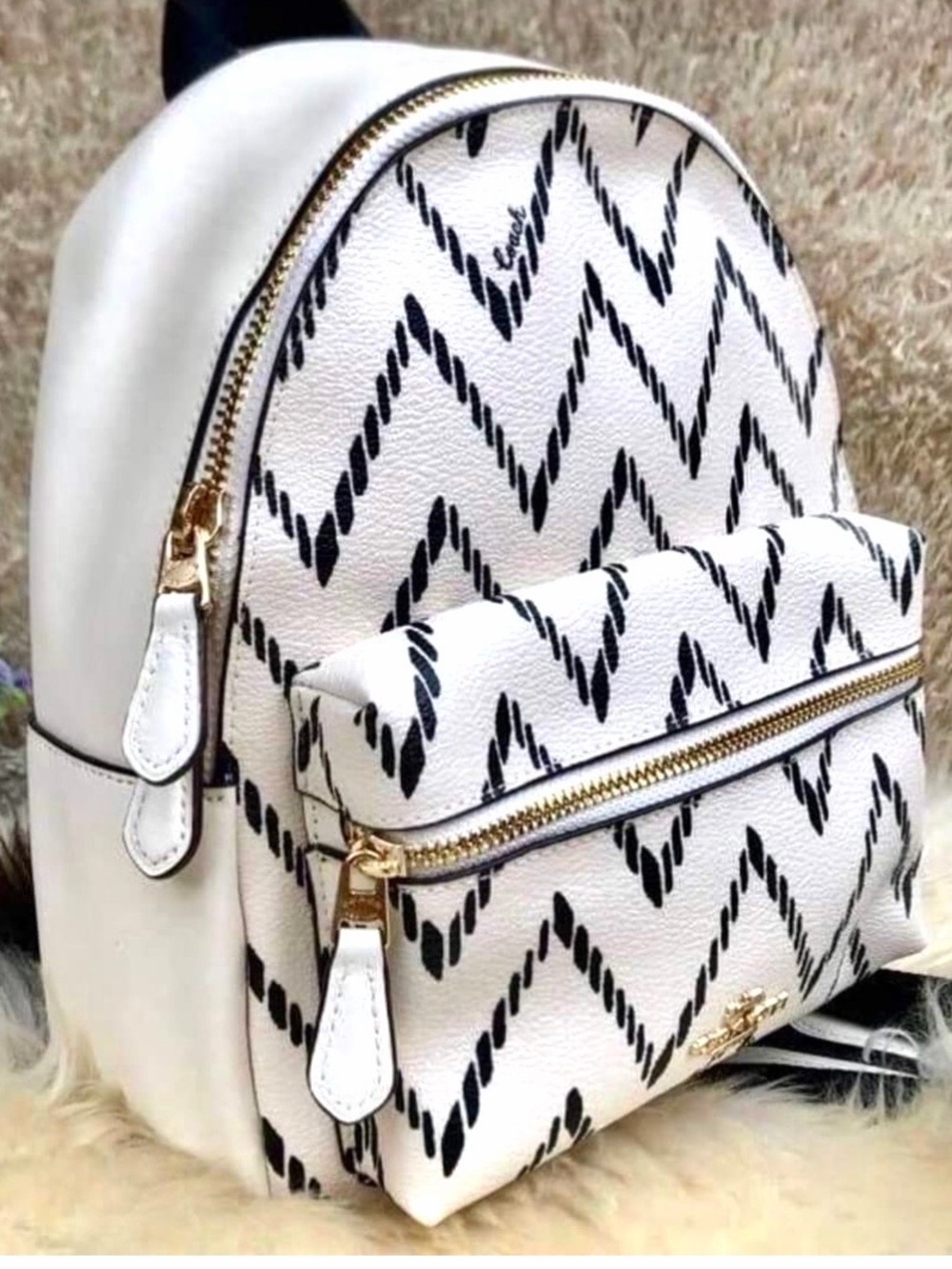 Coach Charlie White & Black Chevron Pattern Mini Backpack with Gold Hardware